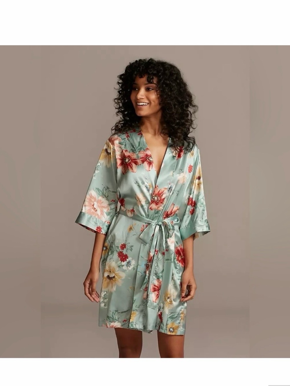 David's Bridal Floral Satin Wrap Robe - Sage Green with Red & Cream Blooms